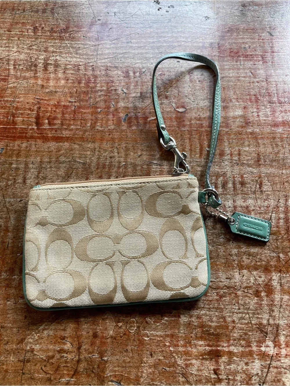 Coach Beige Signature Wristlet with Teal, Red, Yellow & Green Accents